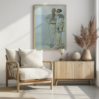 A vintage Art Deco illustration of a stylish couple from the 1920s. The man wears a striped shirt and ascot, while the woman wears a sailor-style dress and holds a golf club. Decor