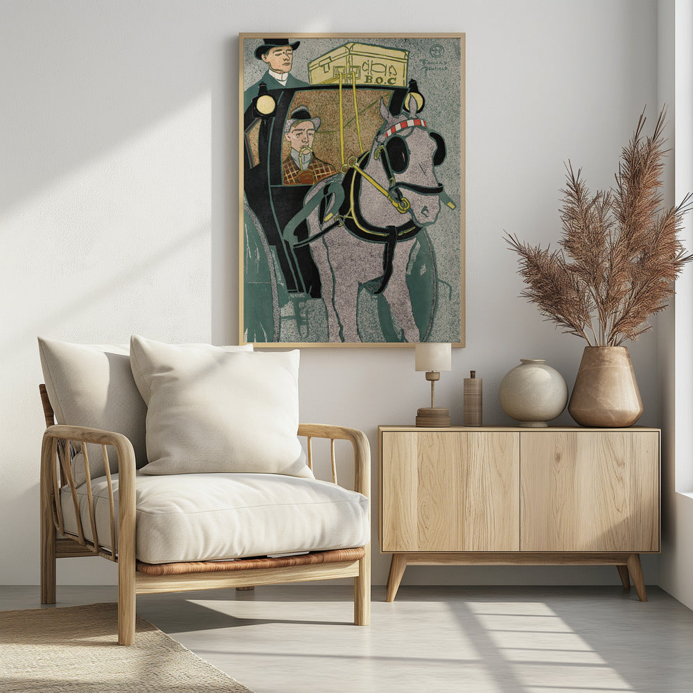 A vintage Art Nouveau style illustration by Edward Penfield depicting a horse-drawn carriage. A stippled gray horse in black and yellow harness is in the foreground, while a man in a plaid coat smokes a pipe inside the black carriage. Another man in a top hat stands on the carriage, with yellow luggage labeled 'B.O.C' on the roof. Poster