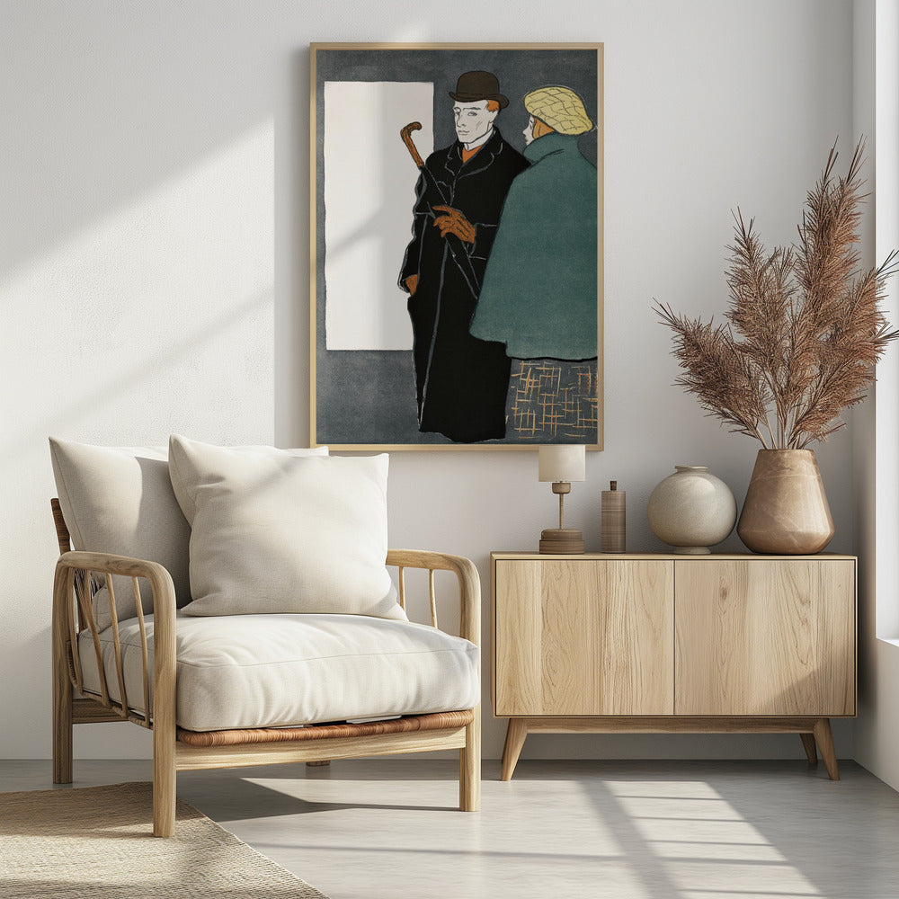 A vintage-style graphic illustration of a man and a woman. The man in the foreground wears a black overcoat, a brown bowler hat, and orange gloves while holding a closed umbrella. To his right, a woman is seen from behind, wearing a green coat and a yellow patterned cap. The background is a dark grey with a large white rectangle on the left. Wall Art