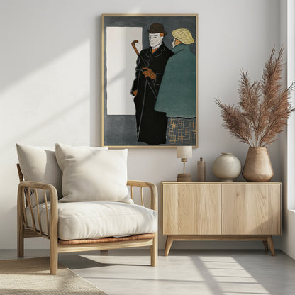 A vintage-style graphic illustration of a man and a woman. The man in the foreground wears a black overcoat, a brown bowler hat, and orange gloves while holding a closed umbrella. To his right, a woman is seen from behind, wearing a green coat and a yellow patterned cap. The background is a dark grey with a large white rectangle on the left. Wall Art