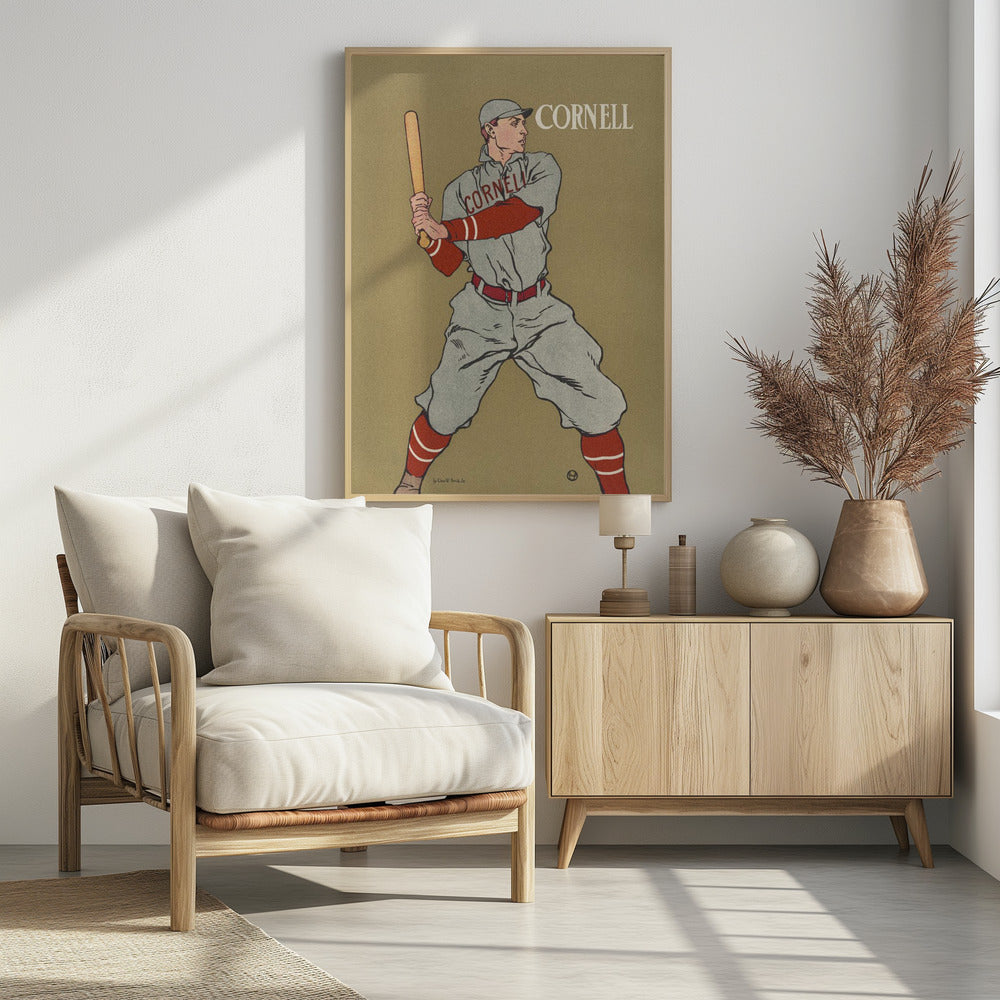 A vintage-style poster of a Cornell University baseball player at bat. The player is illustrated in a grey uniform with red sleeves and socks, holding a bat and ready to swing, against a solid tan background. The word 'CORNELL' is written in the top right and across the player's chest. Print