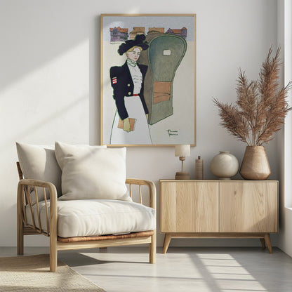 An Art Nouveau illustration by Edward Penfield depicting a stylish woman in a large black hat, a dark navy jacket with an American flag patch, and a long white skirt. She holds a book and stands next to a carriage, with stylized houses in the background. Artwork