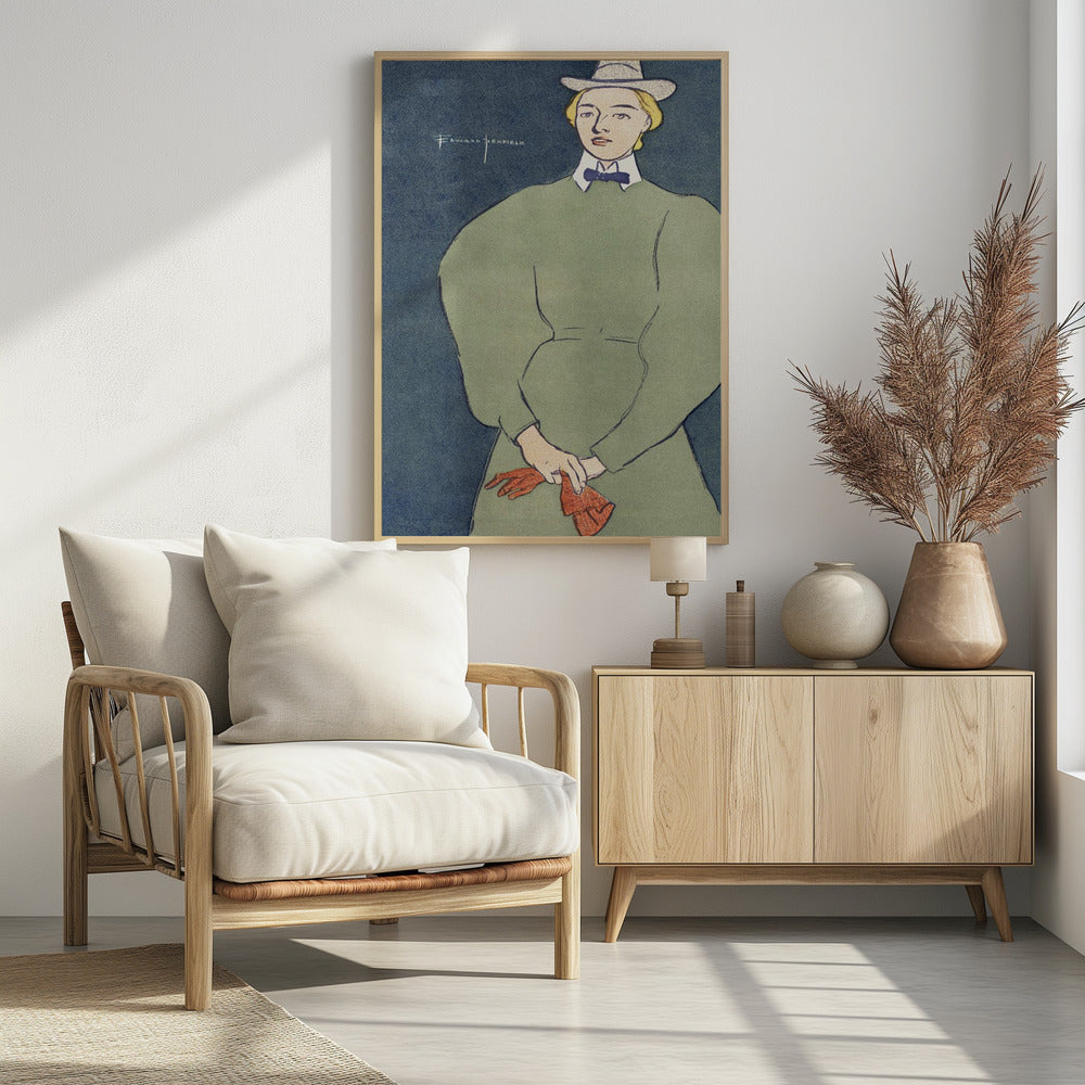 A vintage illustration by Edward Penfield of a woman with short blonde hair wearing a grey fedora hat, a high-collared green dress with large puff sleeves, a white collar, and a blue bowtie. She holds a pair of red gloves against a solid dark blue background. Decor
