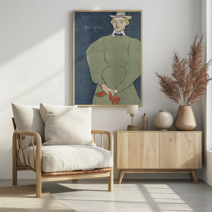 A vintage illustration by Edward Penfield of a woman with short blonde hair wearing a grey fedora hat, a high-collared green dress with large puff sleeves, a white collar, and a blue bowtie. She holds a pair of red gloves against a solid dark blue background. Decor