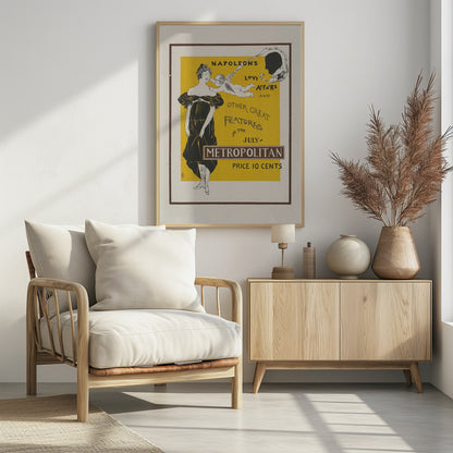 A vintage Art Nouveau poster advertising the July issue of Metropolitan magazine. The poster features a woman in a black Empire-style dress, a cupid whispering in her ear, and a silhouette of Napoleon's head against a bright yellow background. The text reads 'Napoleon's Love Affairs and Other Great Features in the July Metropolitan. Price 10 Cents'. Artwork