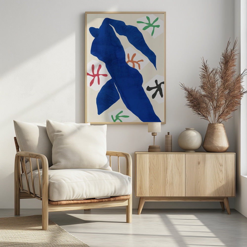 A framed abstract artwork by Henri Matisse featuring a large, solid blue cut-out figure in a dynamic pose against a cream background. Surrounding the figure are smaller, colorful, stylized floral or star-like shapes in red, green, orange, and black. Decor