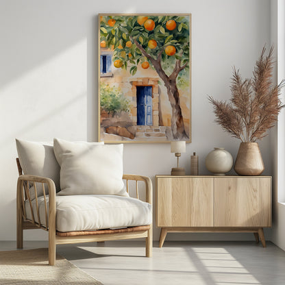 A watercolor painting of a sunlit stone cottage featuring a vibrant blue door, with a large, leafy orange tree full of ripe fruit in the foreground. Wall Art