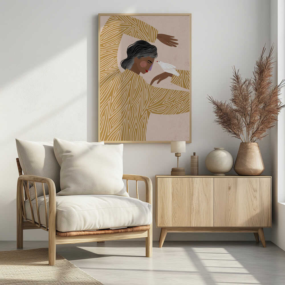 An illustration of a person with dark skin and grey-streaked hair wearing a mustard yellow patterned shirt. They are in a gentle pose, with a small white bird perched on their hand, touching its beak to their nose against a soft pink background. Decor