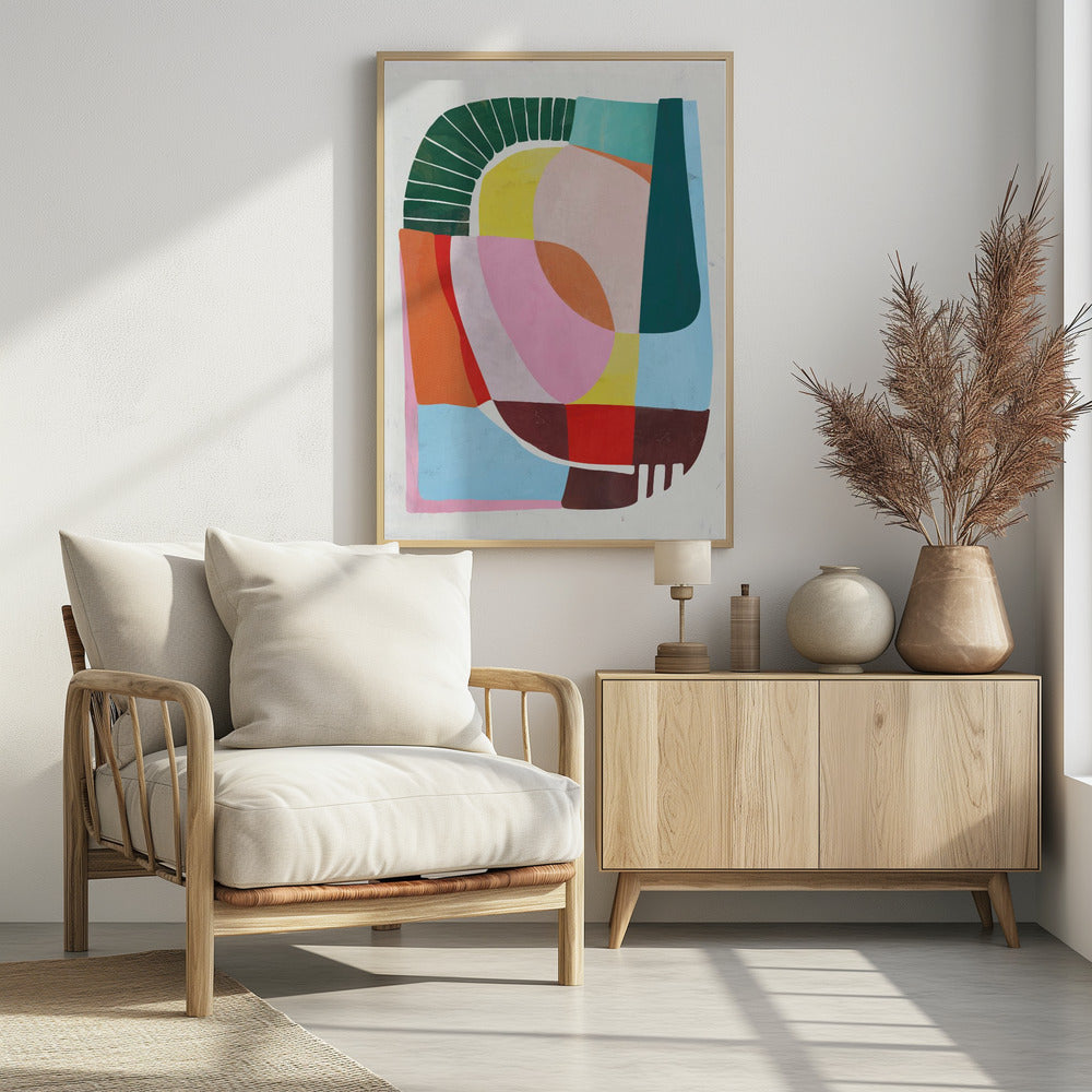 A modern abstract artwork in a black frame, featuring a colorful collage of geometric and curved shapes. Prominent elements include a dark green segmented arch, a yellow semi-circle, and large overlapping forms in shades of pink, blue, orange, and brown against a white background. Poster