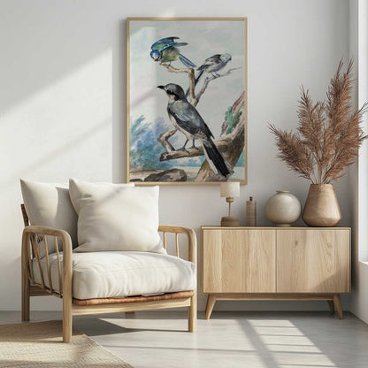 A vintage watercolor illustration of three birds perched on tree branches against a soft landscape background. A large grey shrike is in the foreground, with a smaller blue tit and a long-tailed tit on branches above it. The artwork is presented in a black frame. Decor