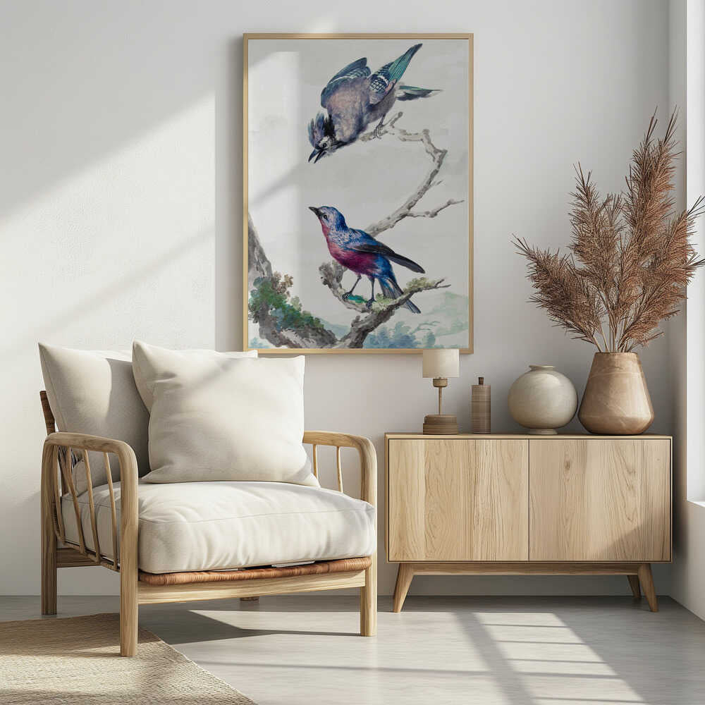 A vintage-style ornithological illustration of two birds on a dead branch against a soft, light background. On top, a blue jay with its wings slightly spread leans downward. Below, a vibrant bird with blue and magenta feathers looks upward. The artwork is presented in a simple black frame. Poster