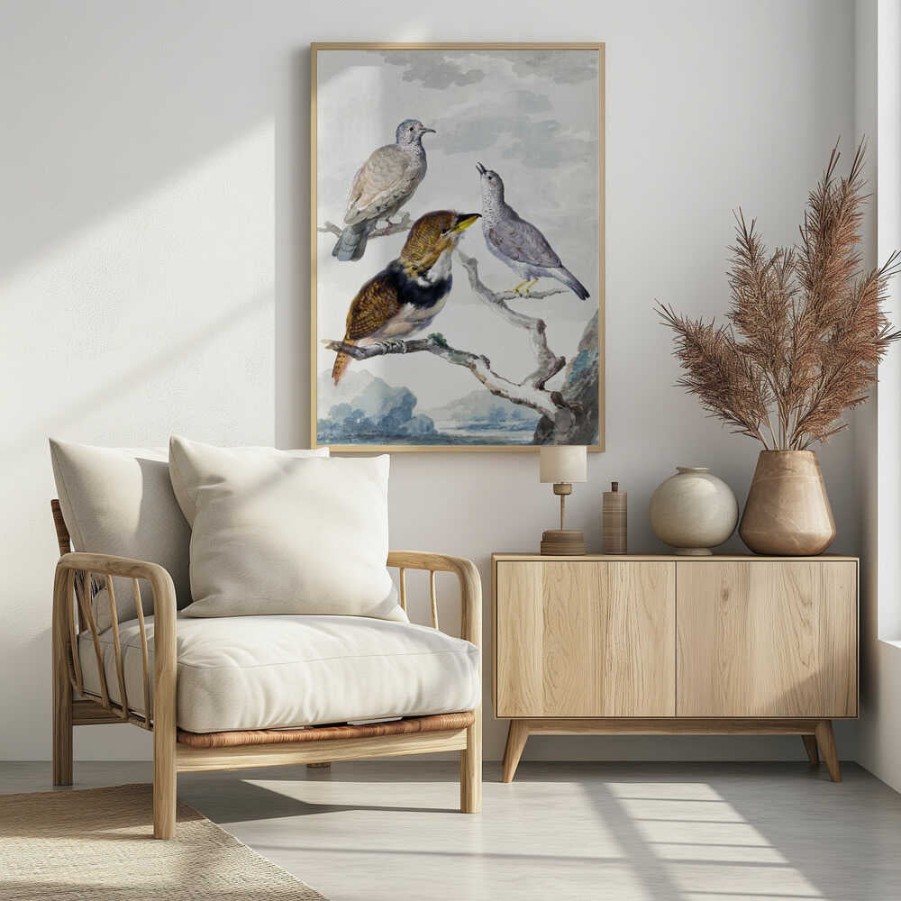 A vintage watercolor illustration of three different birds resting on a tree branch. One is a light brown and grey dove, another is a small grey bird looking upwards with its beak open, and the third is a more colorful bird with brown, gold, and black plumage and a yellow beak. The background is a soft, cloudy sky above a distant blue mountain range. Wall Art