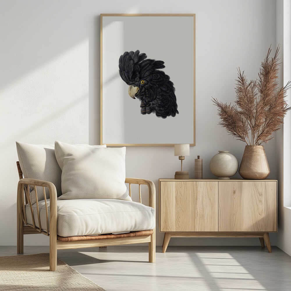 A framed art print featuring a detailed illustration of a black cockatoo's head in profile. The bird has voluminous black feathers with subtle gold flecks, a bright yellow eye, and a pale hooked beak, set against a solid off-white background. Artwork