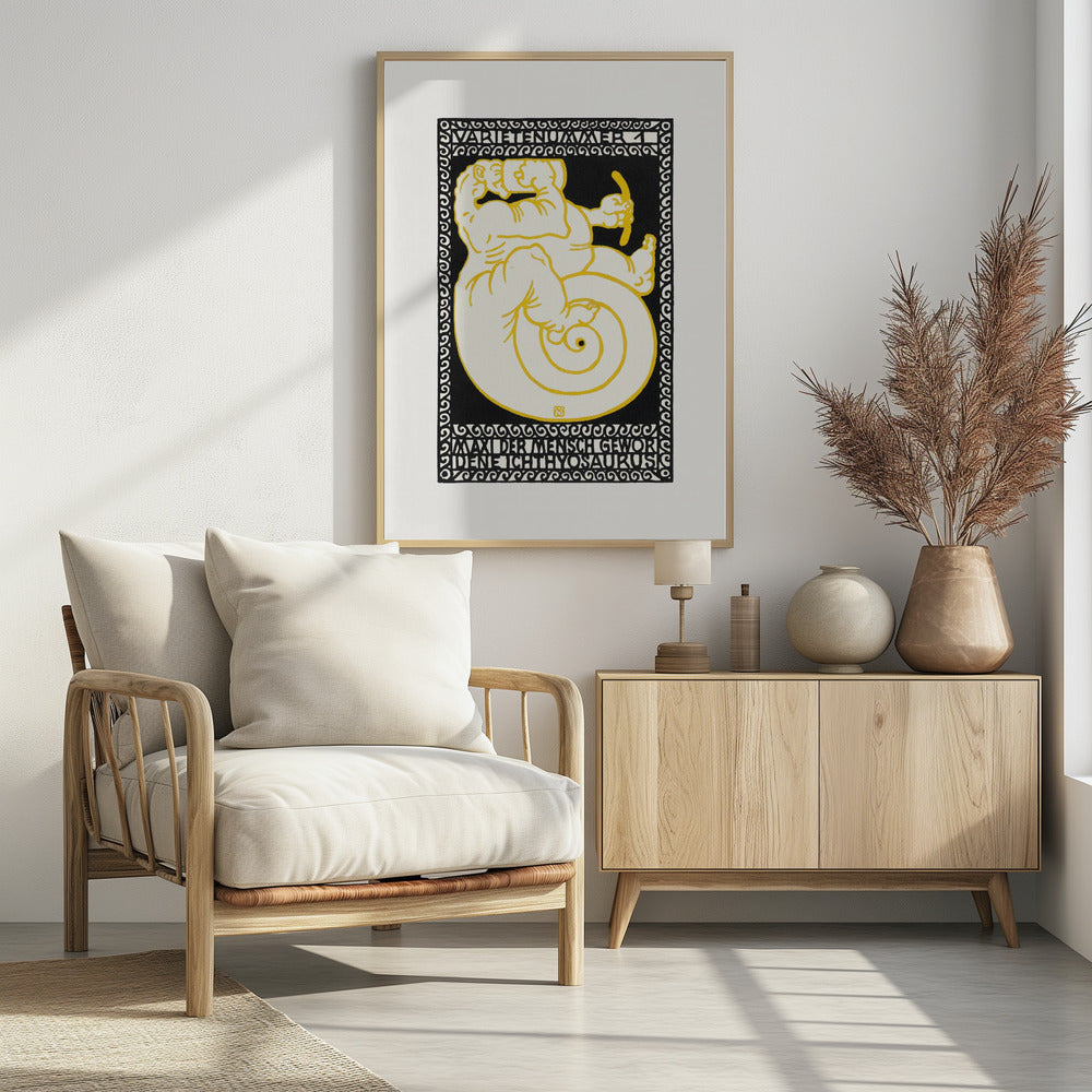 A vintage German poster in a graphic woodcut style, featuring a mythical creature that is half-man, half-ichthyosaurus with a coiled tail. The figure is rendered in cream with yellow outlines against a solid black background, enclosed by a decorative black and white border. Stylized German text appears at the top and bottom of the artwork. Print