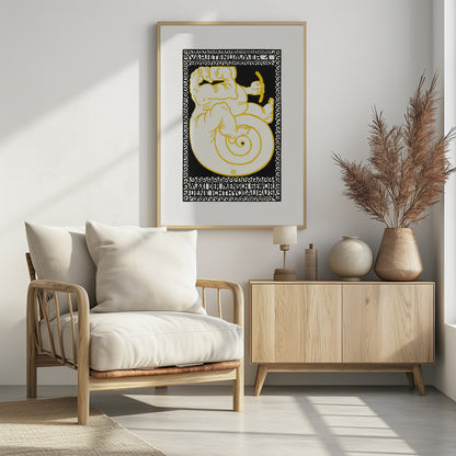 A vintage German poster in a graphic woodcut style, featuring a mythical creature that is half-man, half-ichthyosaurus with a coiled tail. The figure is rendered in cream with yellow outlines against a solid black background, enclosed by a decorative black and white border. Stylized German text appears at the top and bottom of the artwork. Print