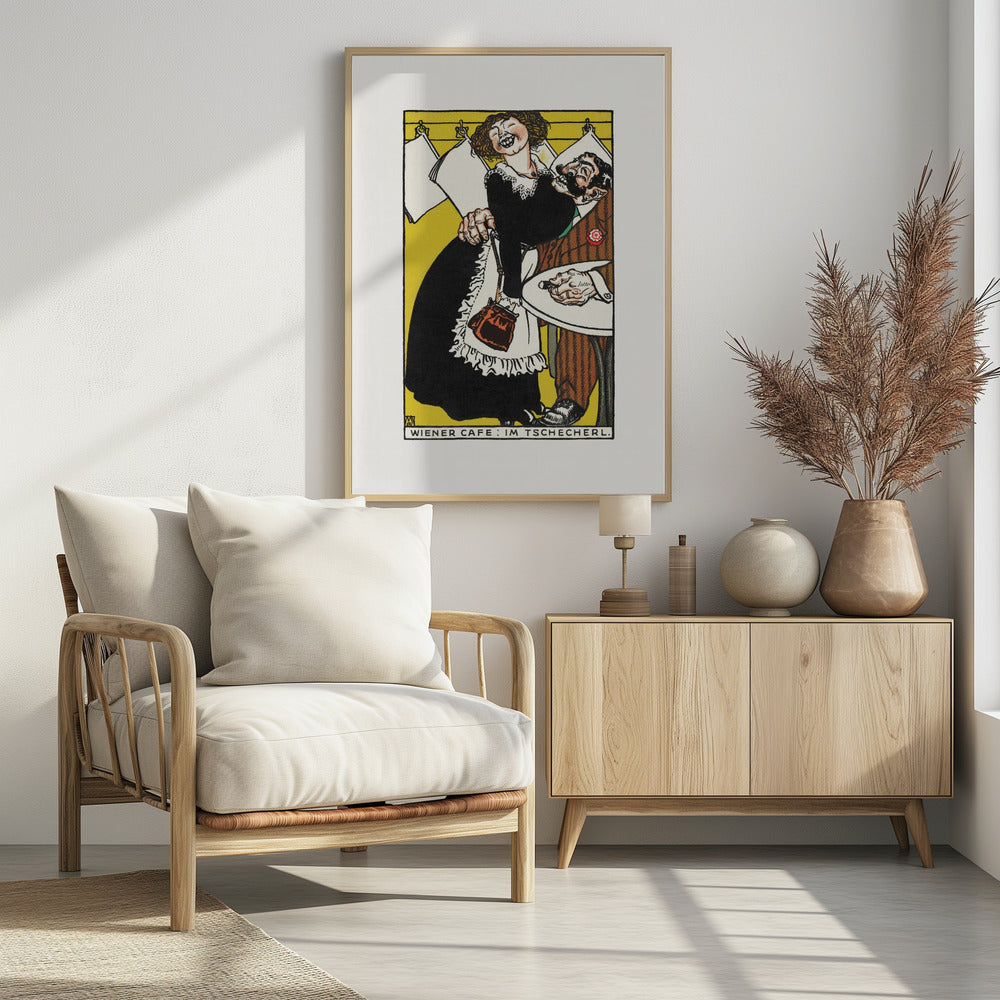A vintage Viennese illustration depicting a jovial, laughing waitress in a black dress and white apron playfully embracing a surprised, bearded man in a brown suit. The scene is set against a vibrant yellow background with hanging papers and text at the bottom reading 'WIENER CAFE: IM TSCHECHERL.' Poster