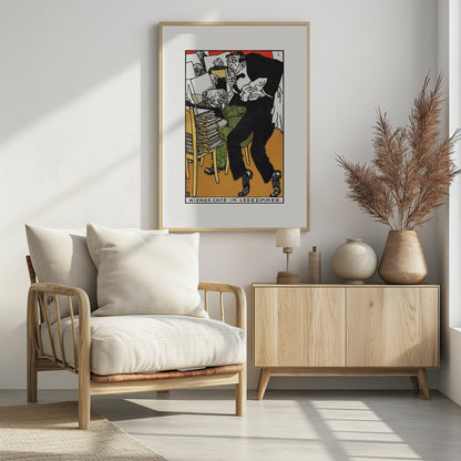 A vintage expressionist illustration titled 'Wiener Cafe: Im Lesezimmer.' The artwork depicts a man in a black suit with a nervous expression tiptoeing through a crowded Viennese cafe reading room. Other patrons are seen absorbed in their newspapers in the background, surrounded by stacks of papers. Poster