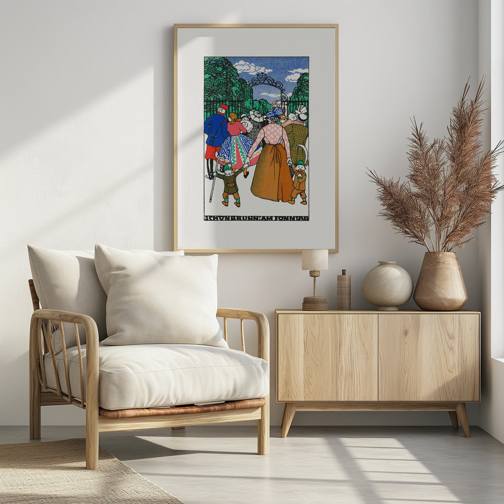 A vintage illustration titled 'Schonbrunn am Sonntag' depicting a crowd of people in colorful, early 20th-century attire entering a park through an ornate iron gate. A woman in the center holds the hands of two children, all walking towards the green trees under a blue sky. Decor