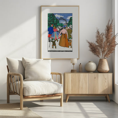 A vintage illustration titled 'Schonbrunn am Sonntag' depicting a crowd of people in colorful, early 20th-century attire entering a park through an ornate iron gate. A woman in the center holds the hands of two children, all walking towards the green trees under a blue sky. Decor