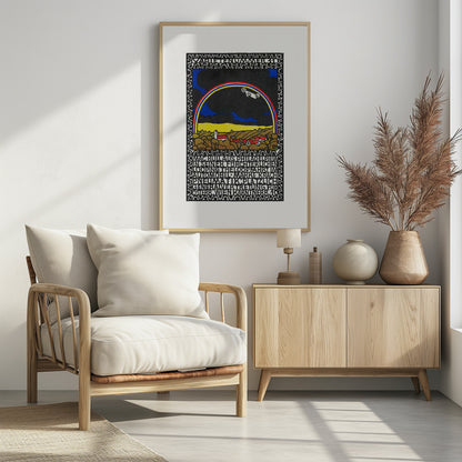 A vintage Art Nouveau style poster featuring a white race car driving along a rainbow arch. Below the rainbow is a stylized landscape of golden hills and red-roofed houses under a dark sky. The artwork is framed by a decorative border and includes large blocks of stylized text. Print