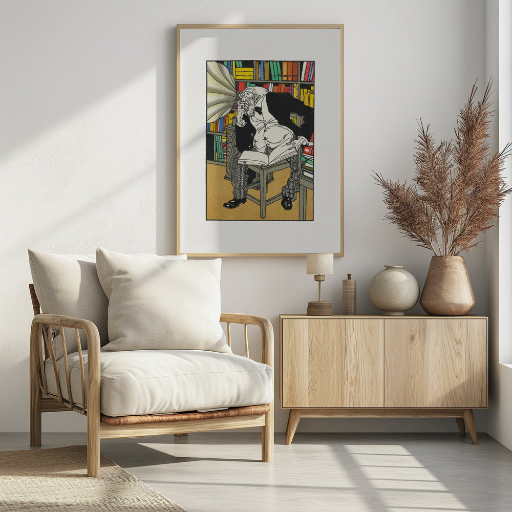 A vintage color illustration of an elderly, bearded scholar in a black suit sitting in his library, surrounded by bookshelves. He is hunched over a book, deep in thought, while a large gramophone horn is pointed directly at his ear. Print