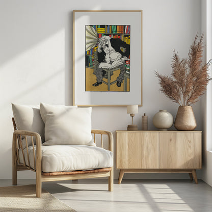 A vintage color illustration of an elderly, bearded scholar in a black suit sitting in his library, surrounded by bookshelves. He is hunched over a book, deep in thought, while a large gramophone horn is pointed directly at his ear. Print