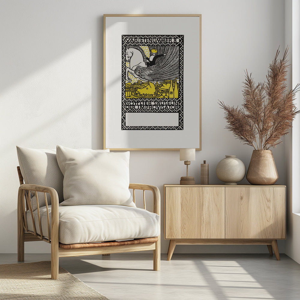 A vintage German art print in a black, white, and yellow woodcut style. It depicts a crowned figure riding a white winged horse, or Pegasus, over a lavish yellow feast. The image is framed by a decorative border and includes German text reading 'VARIETENUMMER 8' and 'GOTTLIEB SAUSELINI DER IMPROVISATOR'. Print