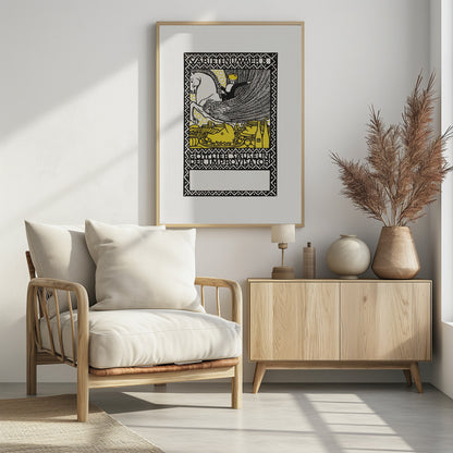 A vintage German art print in a black, white, and yellow woodcut style. It depicts a crowned figure riding a white winged horse, or Pegasus, over a lavish yellow feast. The image is framed by a decorative border and includes German text reading 'VARIETENUMMER 8' and 'GOTTLIEB SAUSELINI DER IMPROVISATOR'. Print