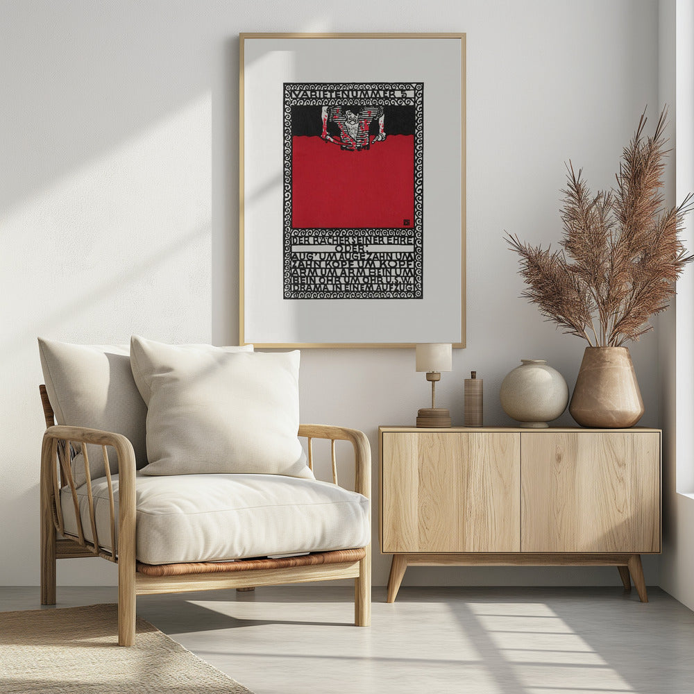 A vintage German expressionist poster by Moriz Jung titled 'Varietenummer 5'. The piece features a bold graphic style with stark red, black, and white colors, a tormented figure, and German typography enclosed in an intricate decorative border, all within a black frame. Decor