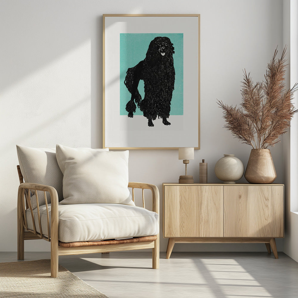 A framed block print of a black corded poodle standing in profile against a solid teal background. The dog's textured, shaggy coat is depicted in black ink with fine white lines creating detail. The artwork is surrounded by a white mat and a simple black frame. Artwork