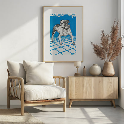 A framed graphic illustration of an English bulldog. The dog is white with black line-art details and stands on a white tiled floor outlined in blue. The background is a solid, bright blue, creating a bold and stylized look. Decor