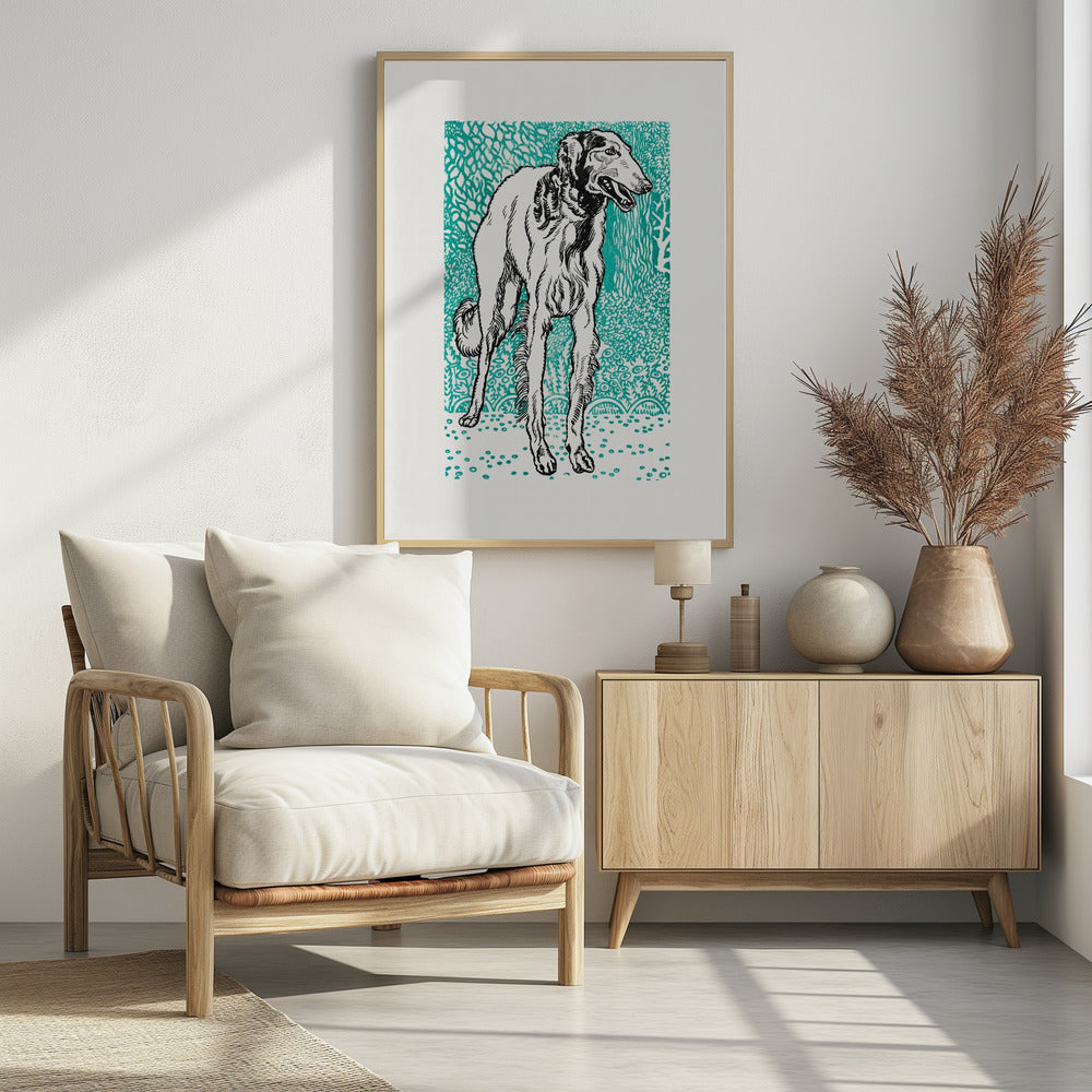 A framed graphic art print featuring a black and white illustration of a slender Borzoi dog. The dog stands facing right against a vibrant teal background with a dense, leafy pattern. The style resembles a linocut or woodblock print. Wall Art