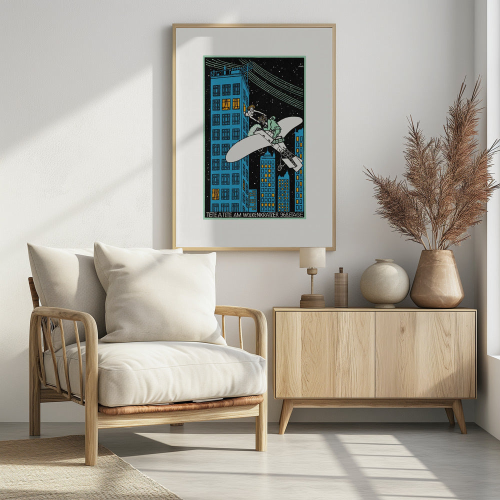 A vintage Art Deco illustration by Jung titled 'Tete a Tete am Wolkenkratzer 968.Etage'. The artwork depicts a man in a small white airplane handing a bouquet of flowers to a woman leaning out of a high-story window of a blue skyscraper against a black, starry night sky. Print