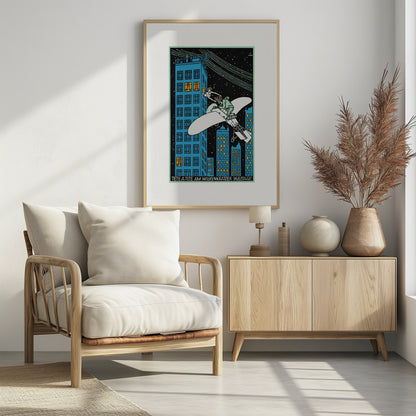 A vintage Art Deco illustration by Jung titled 'Tete a Tete am Wolkenkratzer 968.Etage'. The artwork depicts a man in a small white airplane handing a bouquet of flowers to a woman leaning out of a high-story window of a blue skyscraper against a black, starry night sky. Print