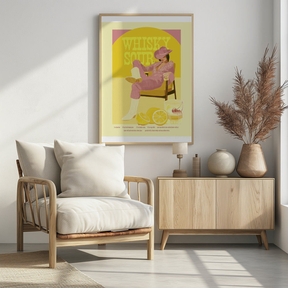 A vintage-style poster for a Whisky Sour cocktail, featuring an illustration of a woman in a pink jumpsuit, cowboy hat, and white boots relaxing in a chair with a drink. Behind her, a yellow circle displays the text 'WHISKY SOUR'. In the foreground are fresh lemons and a cocktail shaker, with the recipe printed below. Artwork