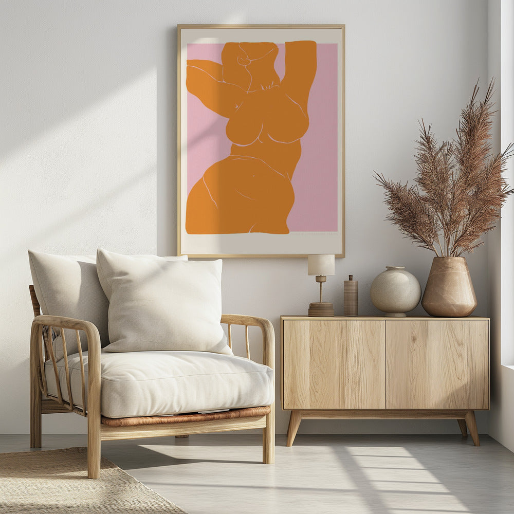 A framed art print with a minimalist illustration of a curvy female torso. The figure is a solid block of orange with delicate white line details, stretching upwards against a soft pink background. Print