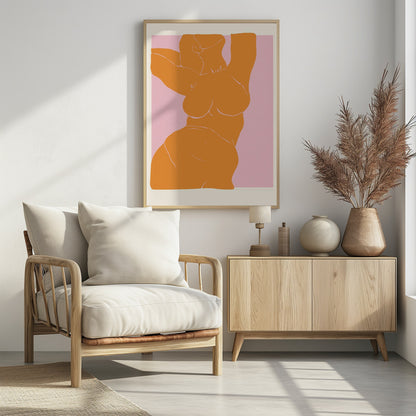 A framed art print with a minimalist illustration of a curvy female torso. The figure is a solid block of orange with delicate white line details, stretching upwards against a soft pink background. Print