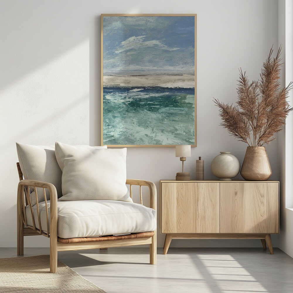 Abstract painting of an ocean scene with a sandy beach under a cloudy blue sky. Modern coastal wall art.