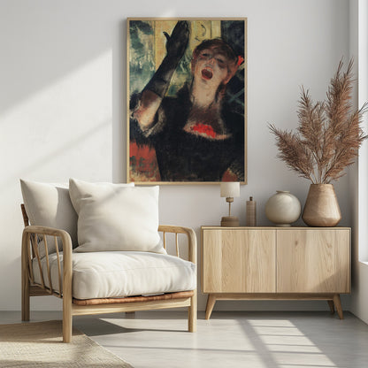 An impressionistic painting by Edgar Degas of a woman singing passionately on stage. She wears a black dress and a long black glove on her raised arm, her face filled with emotion as she performs. Wall Art