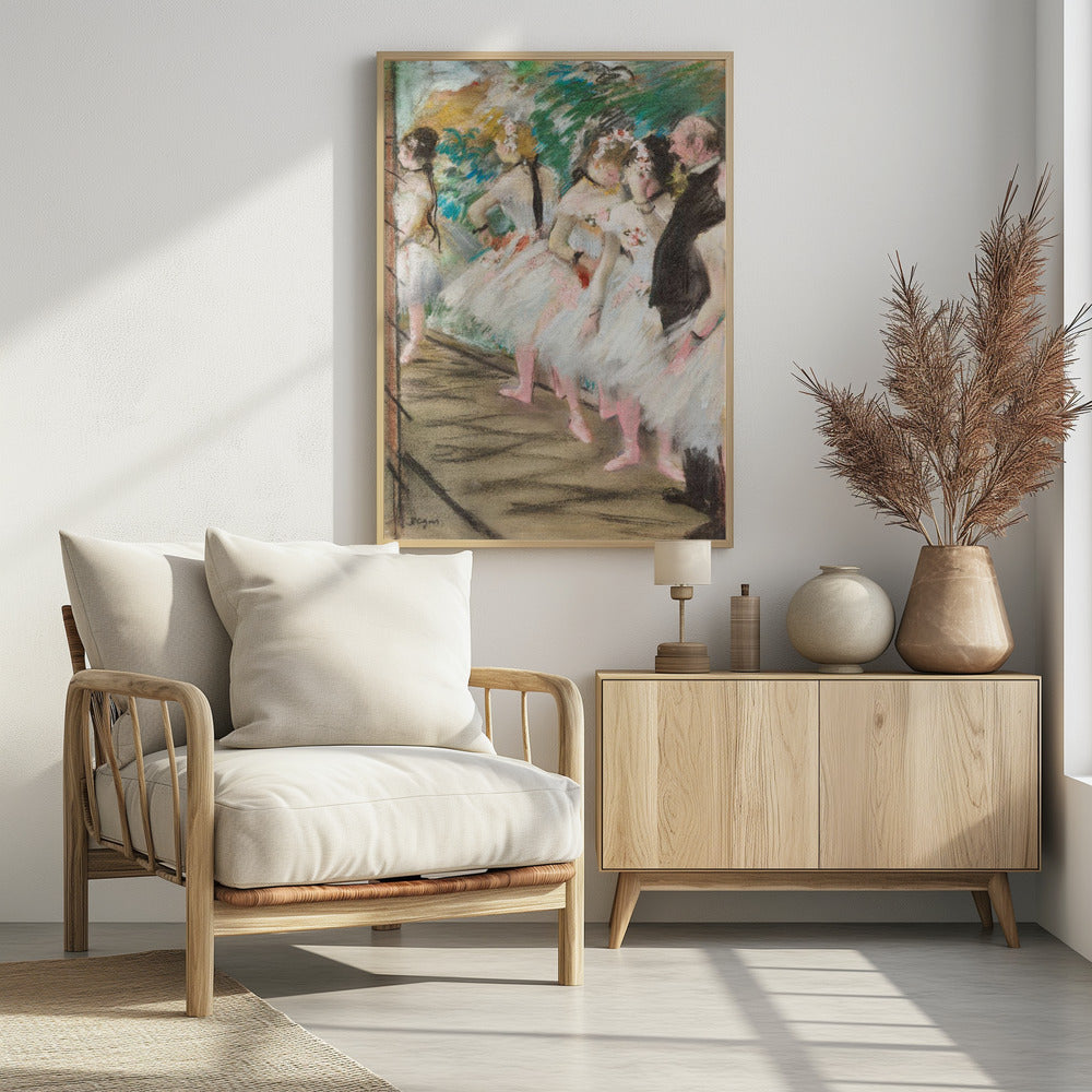 An impressionist pastel painting by Edgar Degas depicting a line of ballet dancers in white tutus and pink slippers waiting backstage. A man in a dark suit stands at the far right. Wall Art