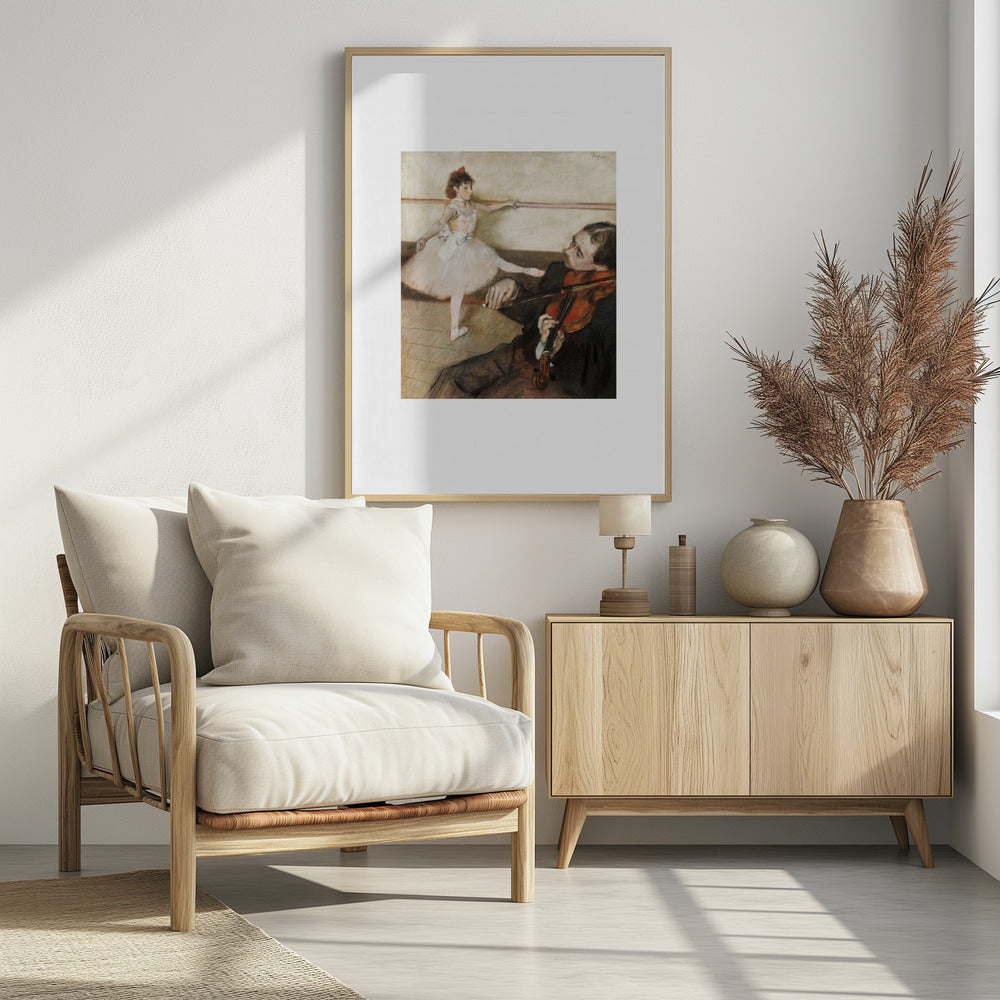 A framed impressionist painting by Edgar Degas titled 'The Dance Lesson'. The artwork depicts a young ballerina in a white tutu and red ribbon in her hair practicing at a ballet barre. In the foreground, a musician sits and plays the violin. Wall Art