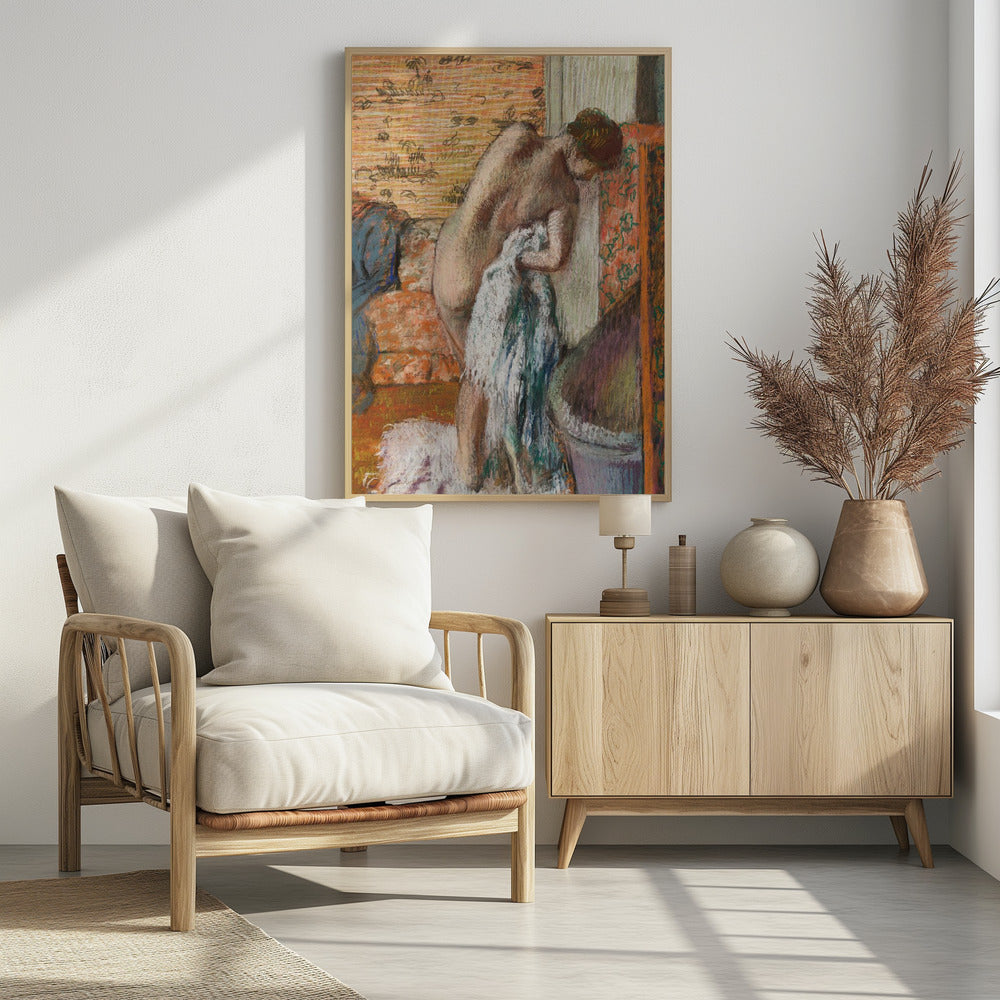 A pastel drawing in an impressionist style of a nude woman seen from the back. She is bent over, drying herself with a white and blue towel. The background is an interior with warm, patterned wallpaper in shades of orange and yellow. Print