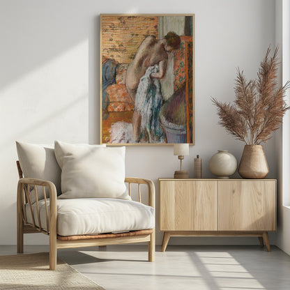 A pastel drawing in an impressionist style of a nude woman seen from the back. She is bent over, drying herself with a white and blue towel. The background is an interior with warm, patterned wallpaper in shades of orange and yellow. Print