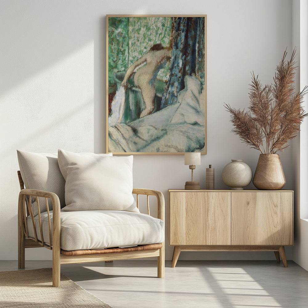 An impressionistic painting by Edgar Degas titled 'After the Bath, Woman Drying Herself'. It depicts the back of a nude woman leaning over a washbasin, with a towel in hand. The background is a vibrant green patterned wallpaper, with a blue curtain to the right and crumpled white sheets in the foreground. The style is soft and textured, characteristic of pastel work. Print