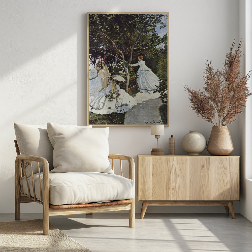 A vertical Impressionist painting by Claude Monet titled 'Women in the Garden,' depicting four figures in a lush, sun-dappled garden. In the foreground, a woman in a voluminous white dress with black embroidery sits on the grass holding flowers and a parasol. To the left, a man holds a large bouquet, partially obscuring his face, next to a woman in a striped dress. In the background, another woman in a white, polka-dotted dress reaches for a branch of a tree surrounded by white and red blossoms. Decor