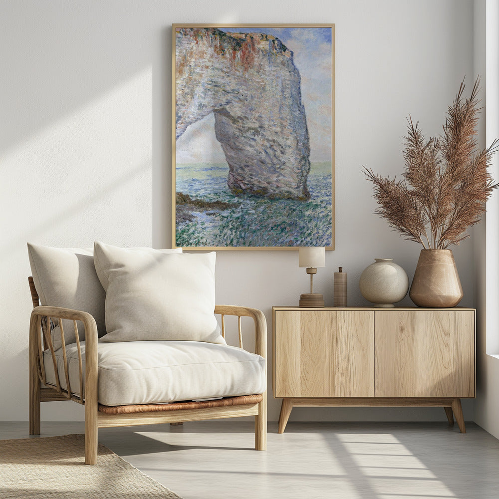 An Impressionist painting depicting a massive white chalk cliff with a natural arch, standing in a turbulent sea of green and blue water. The visible, textured brushstrokes capture the play of light on the rock and water under a bright, cloudy sky. Decor