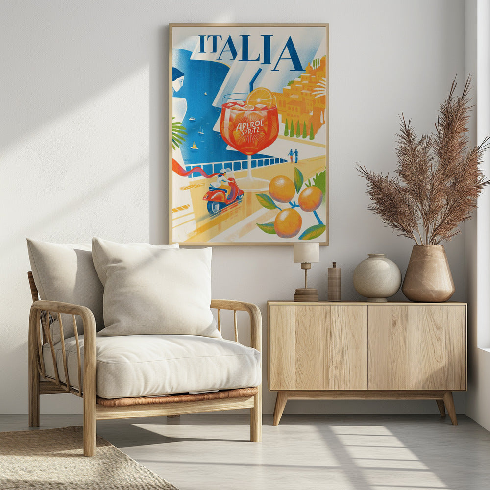 A vintage-style travel poster for Italia, featuring a large glass of Aperol Spritz overlooking a sunny coastal scene. A woman gazes at the blue sea with sailboats, a hillside town glows in the sun, and a person rides a red scooter along a seaside road, with ripe oranges in the foreground. Artwork