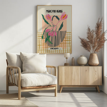 A modern graphic art print of stylized pink flowers with green leaves in a black and white striped vase. The background is color-blocked with cream, peach, and a mustard yellow grid pattern. Text at the top reads 'MERCADO VERDE' and at the bottom 'BARCELONA No. 043'. Artwork