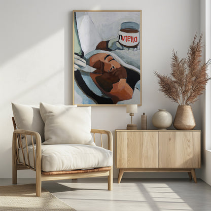 A modern pop art painting depicting a person with closed eyes lying down, wrapped in white and grey cloth. A hand holds a jar of Nutella above the person's head, in a style reminiscent of classical religious art. Wall Art