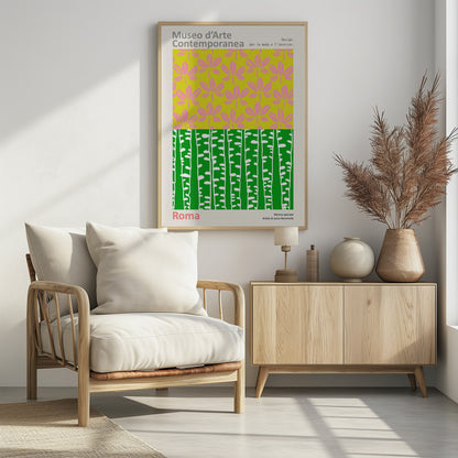 A vintage-style exhibition poster for the 'Museo d'Arte Contemporanea' in Rome. The design is split into two colorful graphic panels: the top features pink leaves on a lime green background, and the bottom shows stylized white birch trunks against a vibrant green background. The poster is set within a light border with Italian text. Artwork